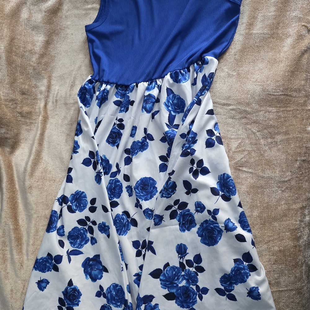 SHEIN Blue & White Floral Fit-and-Flare Sundress for Girls